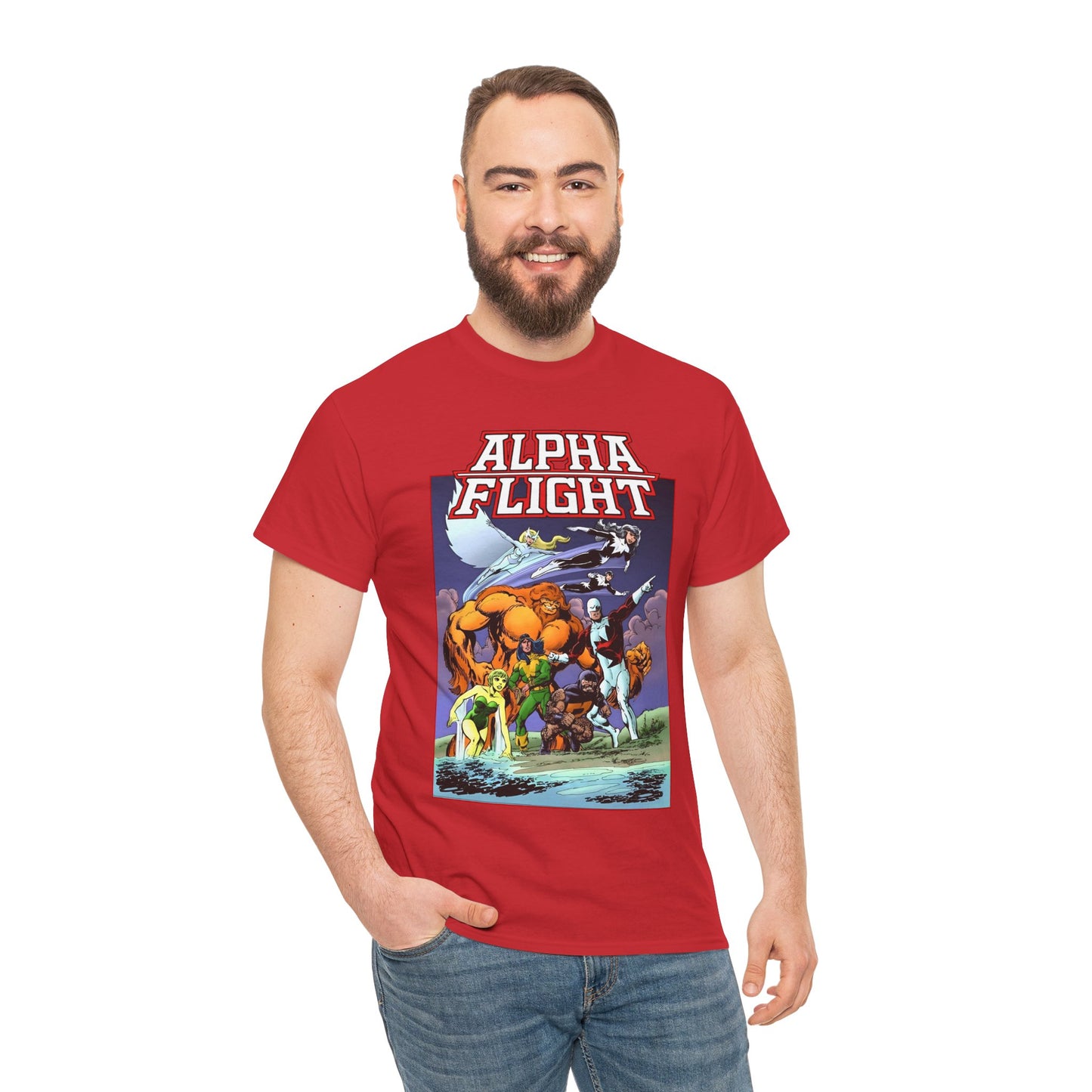 Alpha Flight T-Shirt - John Byrne Art - Guardian, Aurora, Northstar, Shaman, Snowbird, Puck - Marvel Comics - Canada's Super-Team