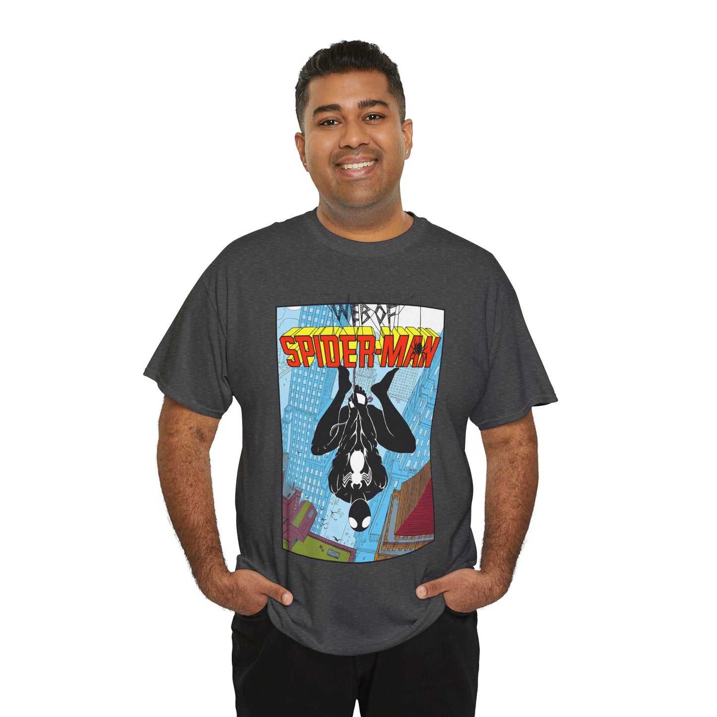 Web of Spider-Man T-Shirt - Charles Vess Art - Peter Parker, Web Slinger - Manhattan Skyline - Spidey Black Suit - Marvel Comics