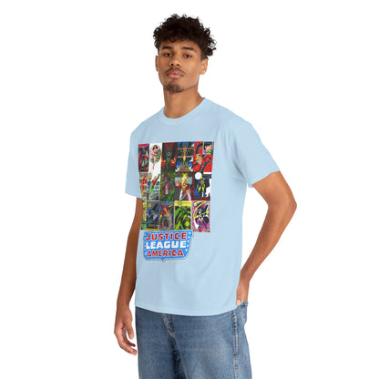 JLA Postcard T-Shirt - George Perez Art - Zatanna, Green Lantern, Flash, Batman, Hawkman, Wonder Woman, Firestorm - Justice League of America - DC Comics