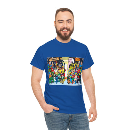 JLA & JSA T-Shirt - George Perez Art - Justice League, Society Team-up - Batman, Wildcat, Dr Fate, Hourman, Firestorm, Superman