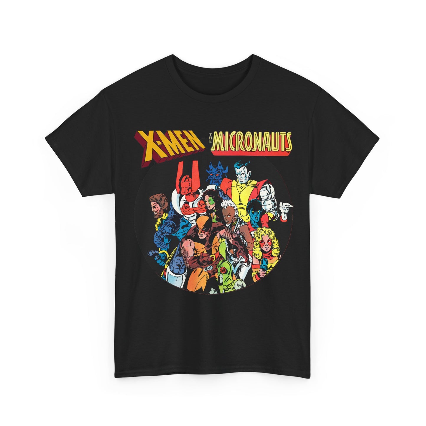 X-Men/Micronauts T-Shirt - Wolverine, Storm, Nightcrawler, Kitty Pryde, Colossus, Acroyear, Arcturus Rann, Marionette Bug - Marvel Comics - Popular 1980s Crossover Mini-Series