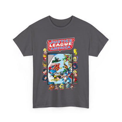 JLA & JSA T-Shirt - George Perez Art - All-Star Squadron - Firestorm, Huntress, Starman, Zatanna, Liberty Belle, Superman, Robotman, Firebrand, Dr Fate - DC Comics