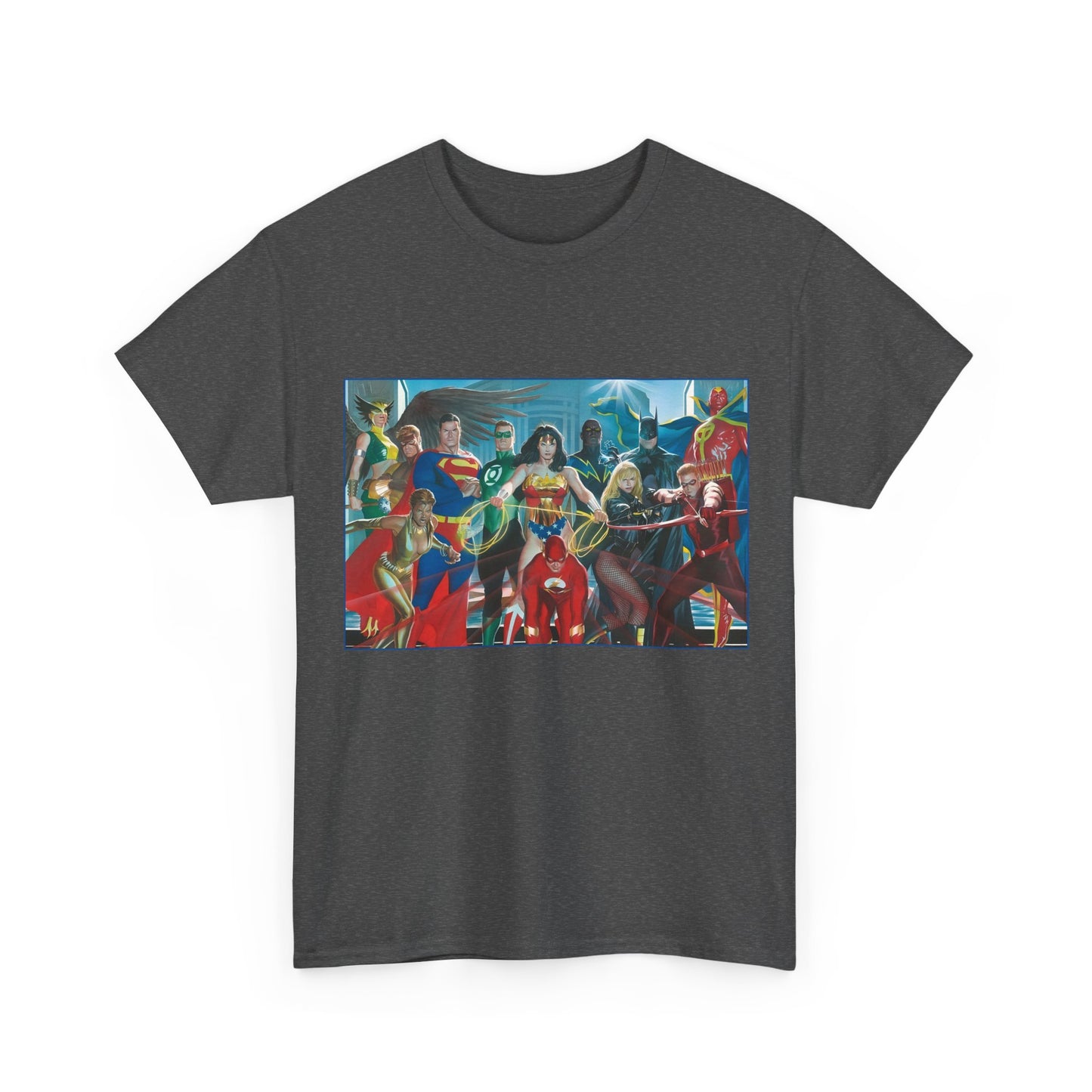 Justice League T-Shirt - Alex Ross Art - Superman, Wonder Woman, Batman, Flash, Black Canary, Vixen, Black Lightning, Green Lantern, Geo-Force, Red Tornado - DC Comics