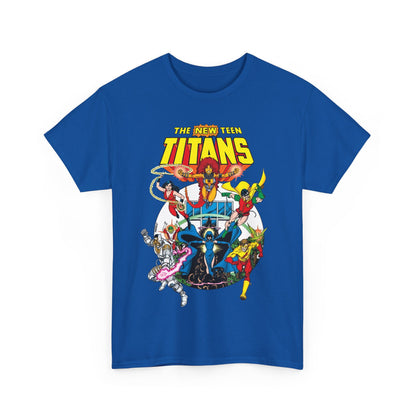 New Teen Titans T-Shirt - Classic George Perez Art - Cyborg, Raven, Starfire, Robin, Wonder Girl, Changeling, Kid Flash - Titans Tower - Popular DC Comics 1980s Series