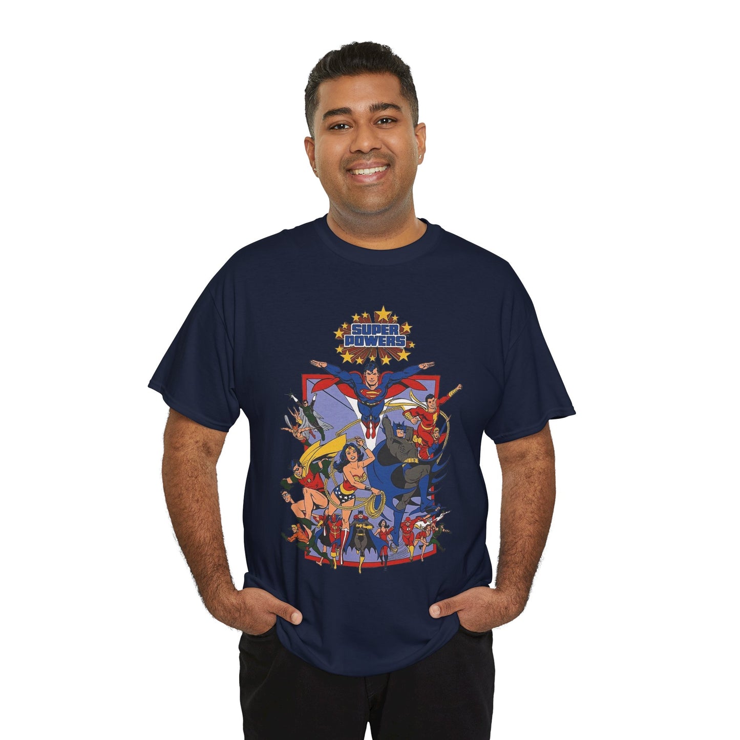 Super Powers T-Shirt - Superman, Flash, Wonder Woman, Batman, Batgirl, Robin, Plastic Man, Aquaman, Hawkman, Supergirl - 1980s Kenner Toy Line - Retro DC Comics
