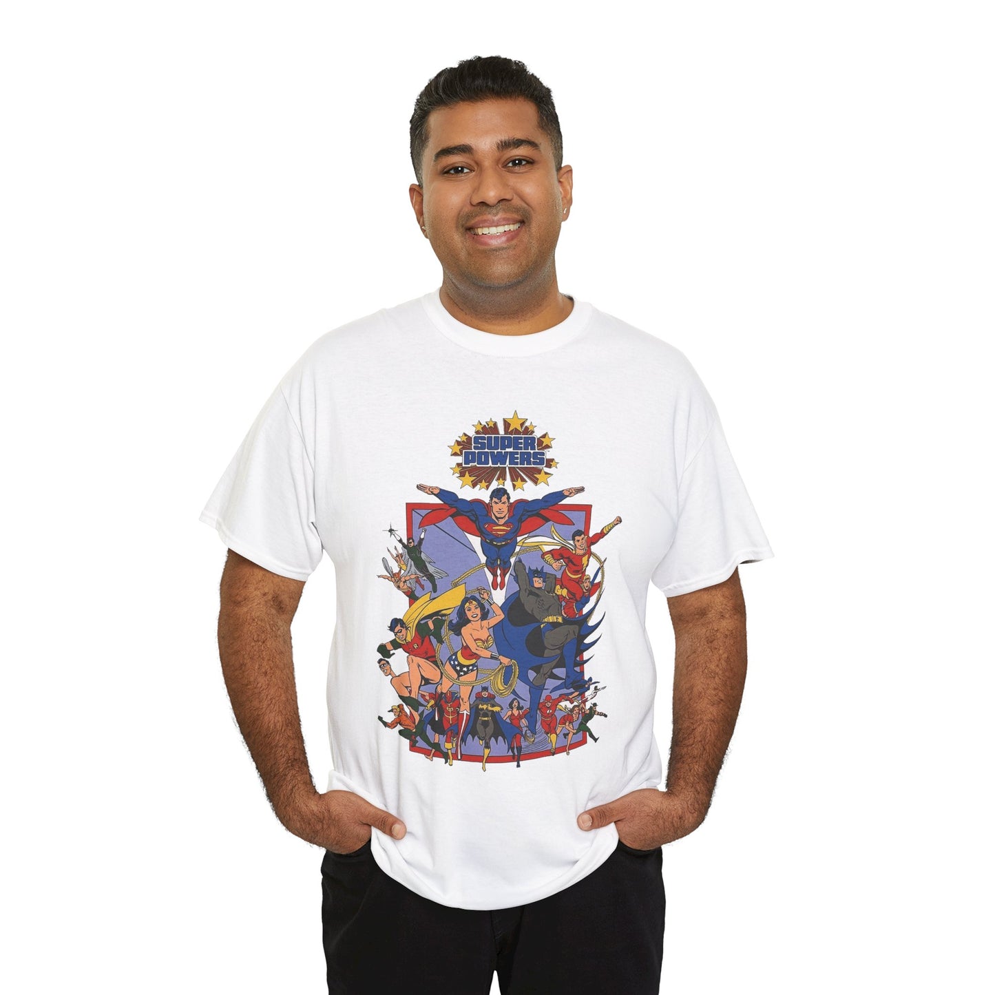 Super Powers T-Shirt - Superman, Flash, Wonder Woman, Batman, Batgirl, Robin, Plastic Man, Aquaman, Hawkman, Supergirl - 1980s Kenner Toy Line - Retro DC Comics