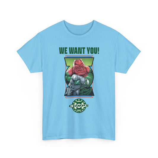 Light blue t-shirt with a graphic of Kilowog, of the Green Lantern Corps and 'We Want You!' text 