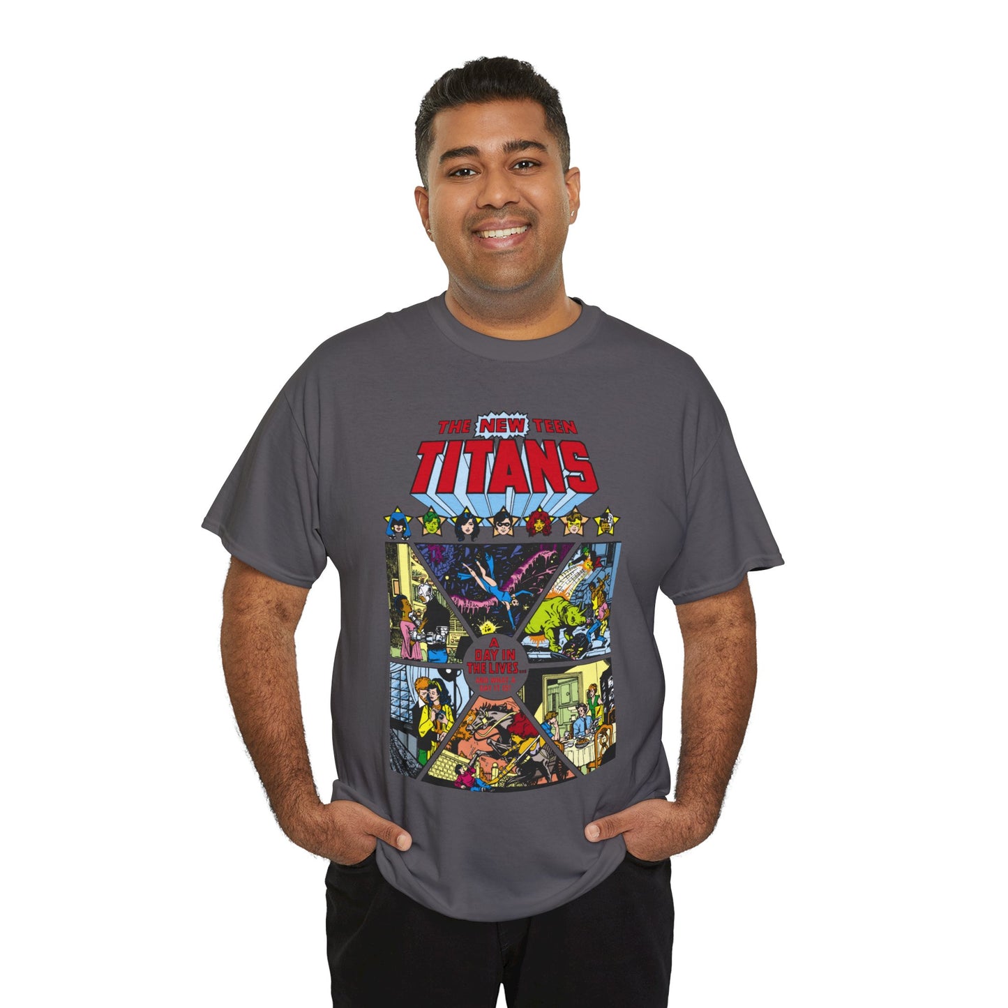New Teen Titans T-Shirt - George Perez Art - #8 Cover - A Day in the Life - Robin, Wonder Girl, Cyborg, Starfire, Raven, Changeling, Kid Flash - DC Comics