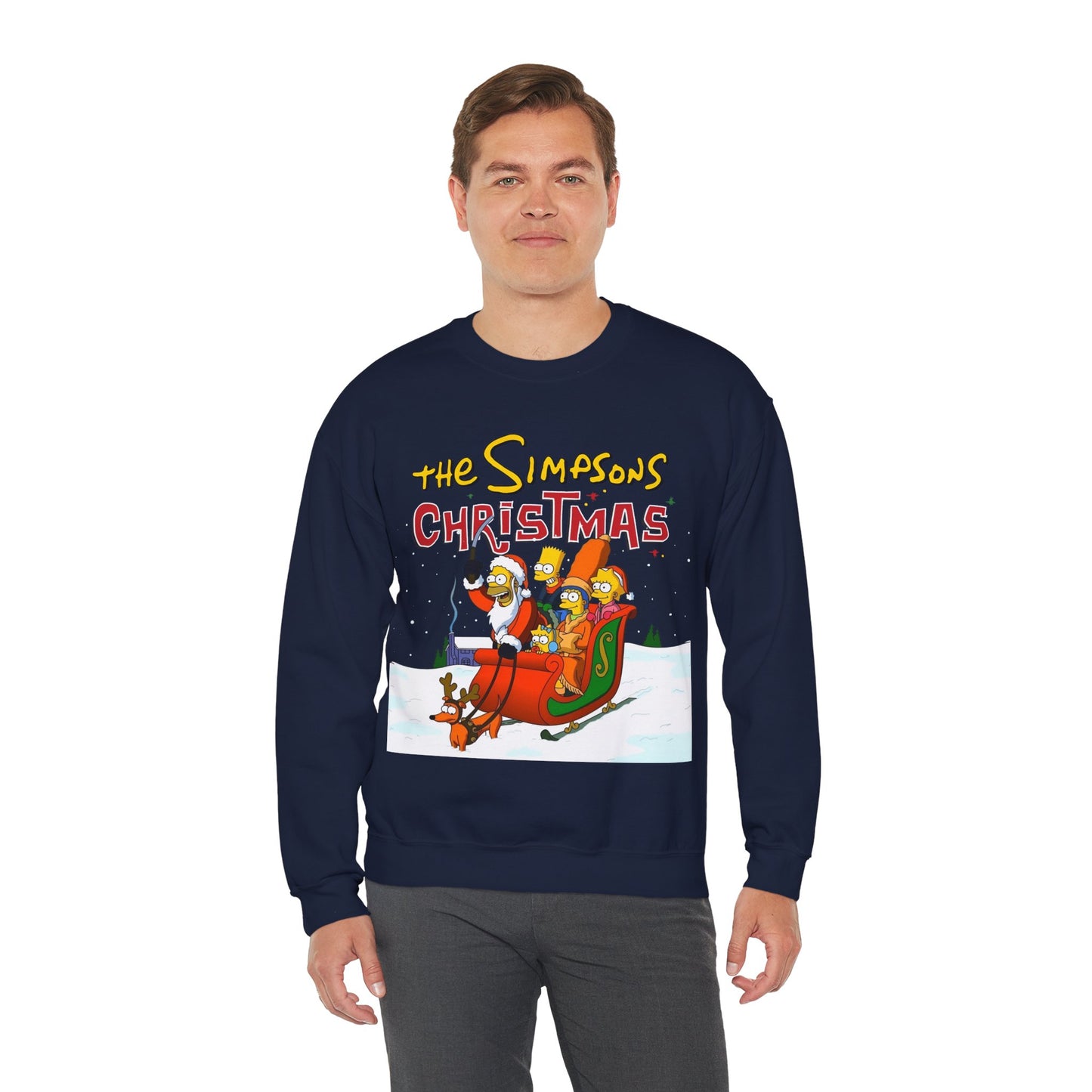 Simpsons Family Christmas Crewneck Sweatshirt - Homer, Marge, Bart, Lisa, Maggie - Riding a Christmas Sleigh Through the Winter Snow