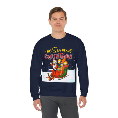 Simpsons Family Christmas Crewneck Sweatshirt - Homer, Marge, Bart, Lisa, Maggie - Riding a Christmas Sleigh Through the Winter Snow