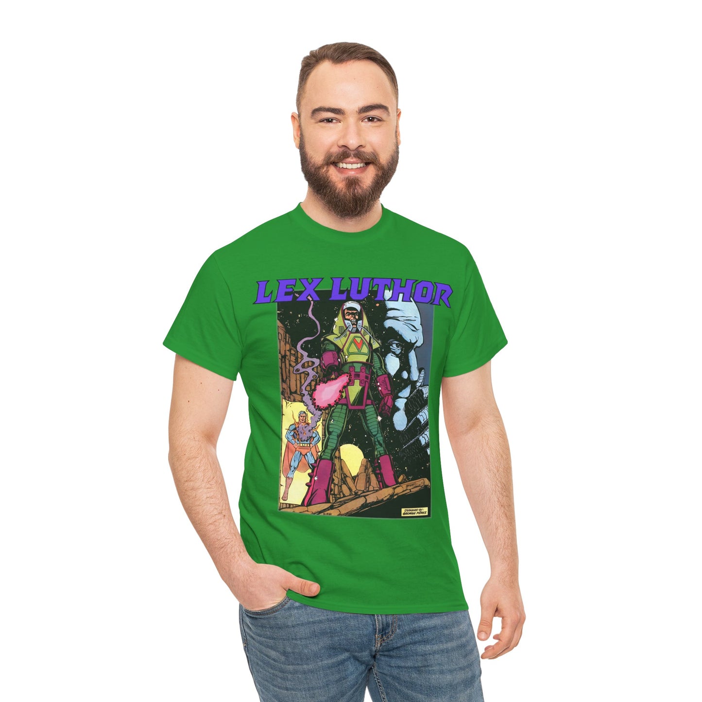 Lex Luthor T-Shirt - George Perez Art - 1980s DC Comics - Action Comics Armor - Inspiration for Super Powers Figure - Superman Enemy