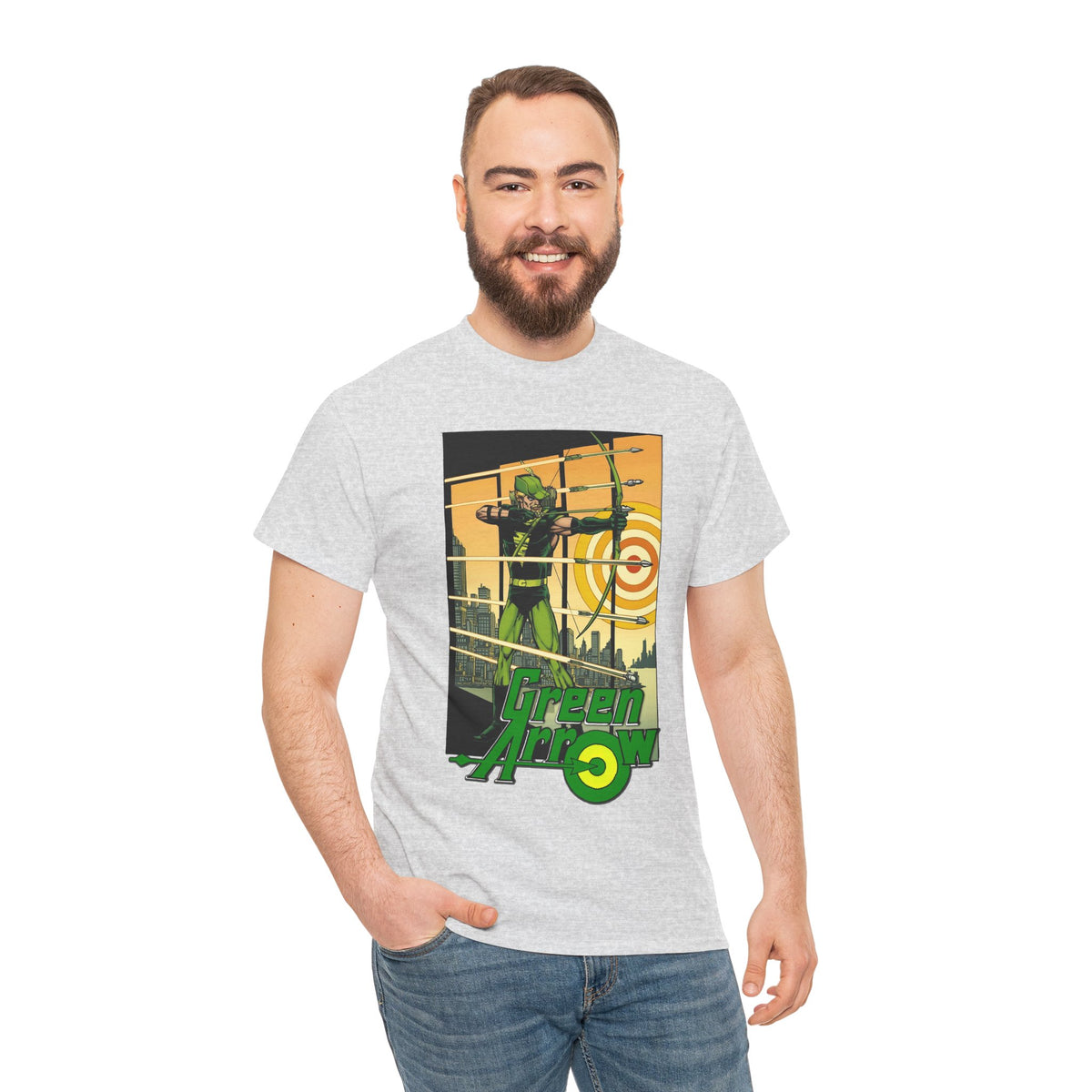 Green Arrow T-Shirt - George Perez Art - 1980s Justice League Postcard Art - JLA - DC Comics