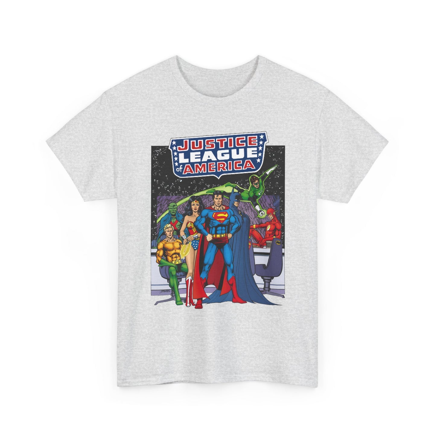 Justice League T-Shirt - George Perez Art - JLA Satellite Era - Superman, Wonder Woman, Green Lantern, Batman, Flash, Aquaman, Martian Manhunter - DC Comics