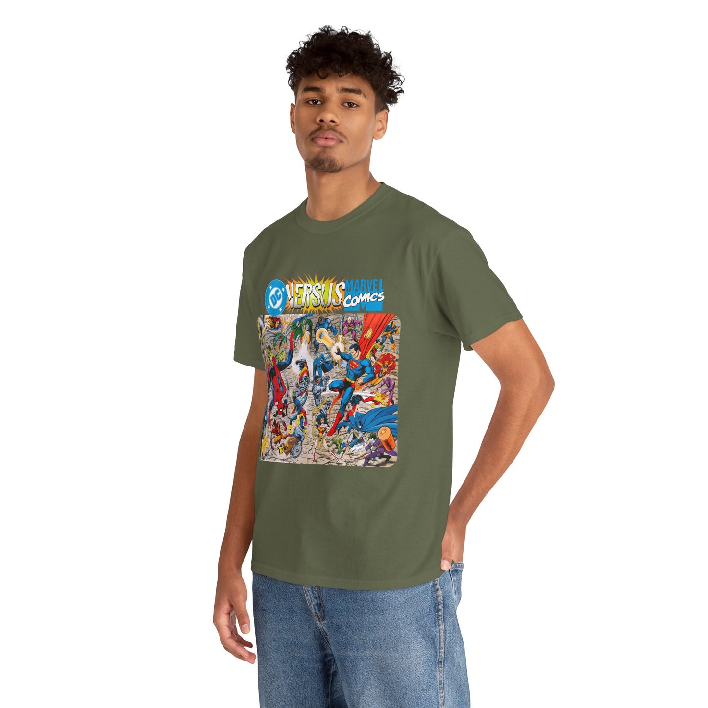 DC Comics Vs Marvel T-Shirt - John Byrne Art - Spider-Man, Raven, Cyborg, Wolverine, Joker, Superman, Batman, Deathstroke, Darkseid