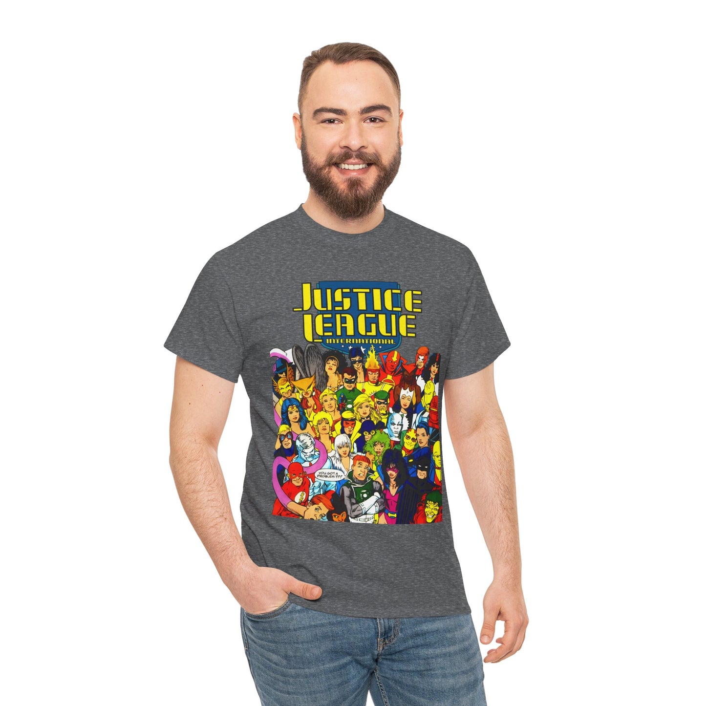 Justice League International T-Shirt - Kevin Maguire DC Comics Sourcebook Art - Booster Gold, Blue Beetle, Batman, Martian Manhunter, Captain Atom, Fire, Ice, Guy Gardner