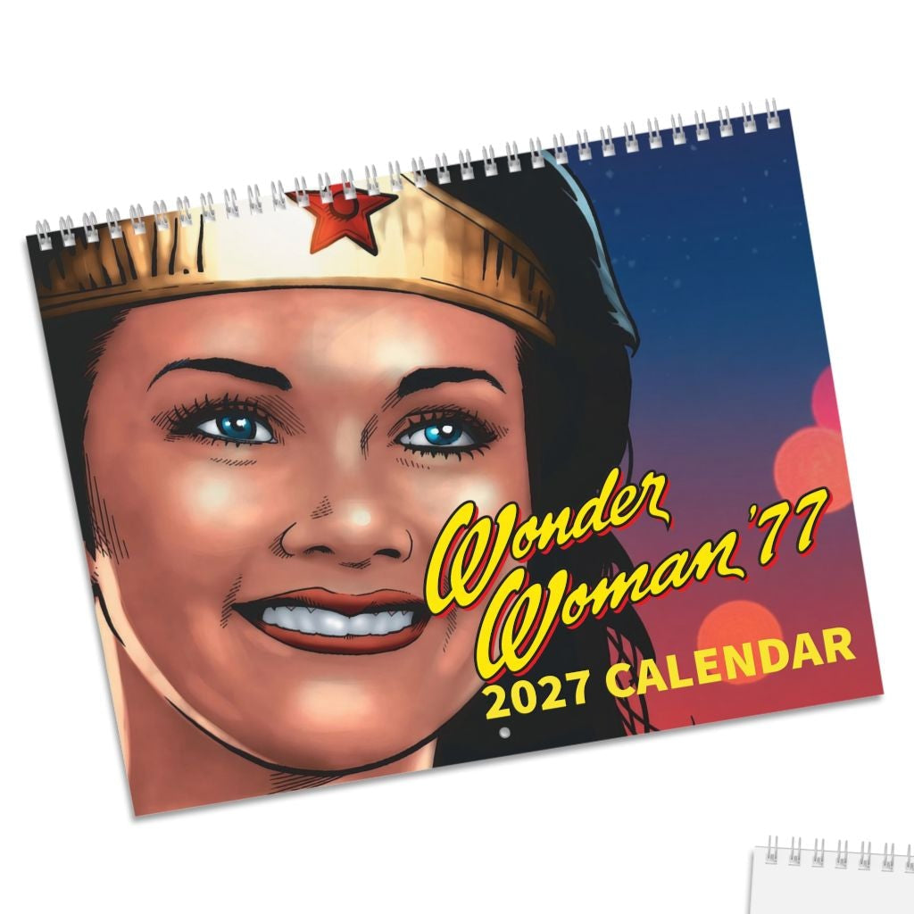 A 2027 Wonder Woman wall calendar shown in two views on a white background: the front cover with a stylized Wonder Woman portrait and the back page with a small matching cover print in the lower-left corner.