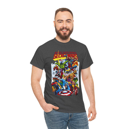 Secret Wars T-Shirt - Spider-man, Wolverine, Iron Man, Captain America, Cyclops, Rogue, Hulk, Mr Fantastic, The Thing - Classic Marvel Comics 1980s Series - The Beyonder