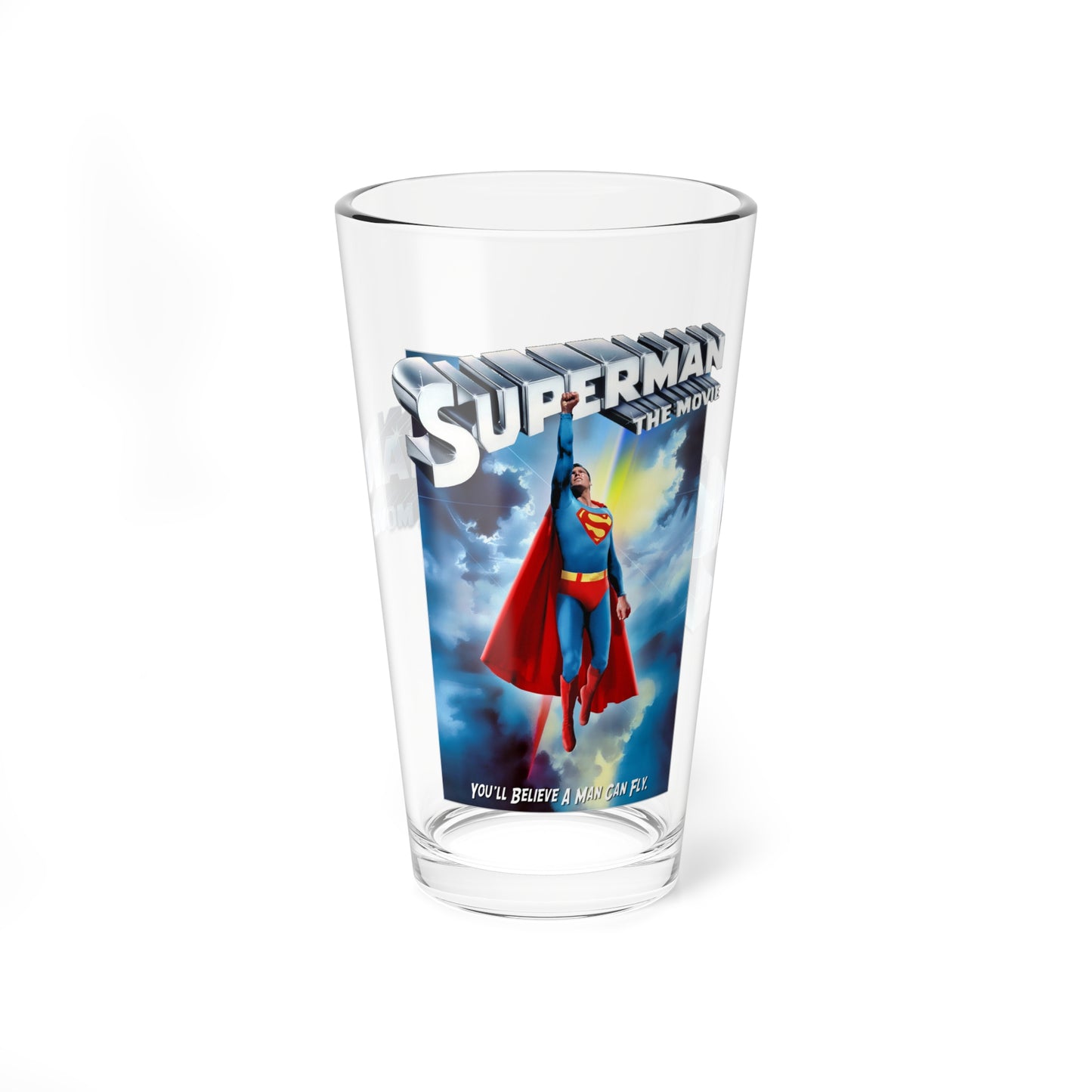Superman The Movie Pint Glass, 16oz - Christopher Reeve Classic 1978 Movie - DC Comics - You Will Believe A Man Can Fly