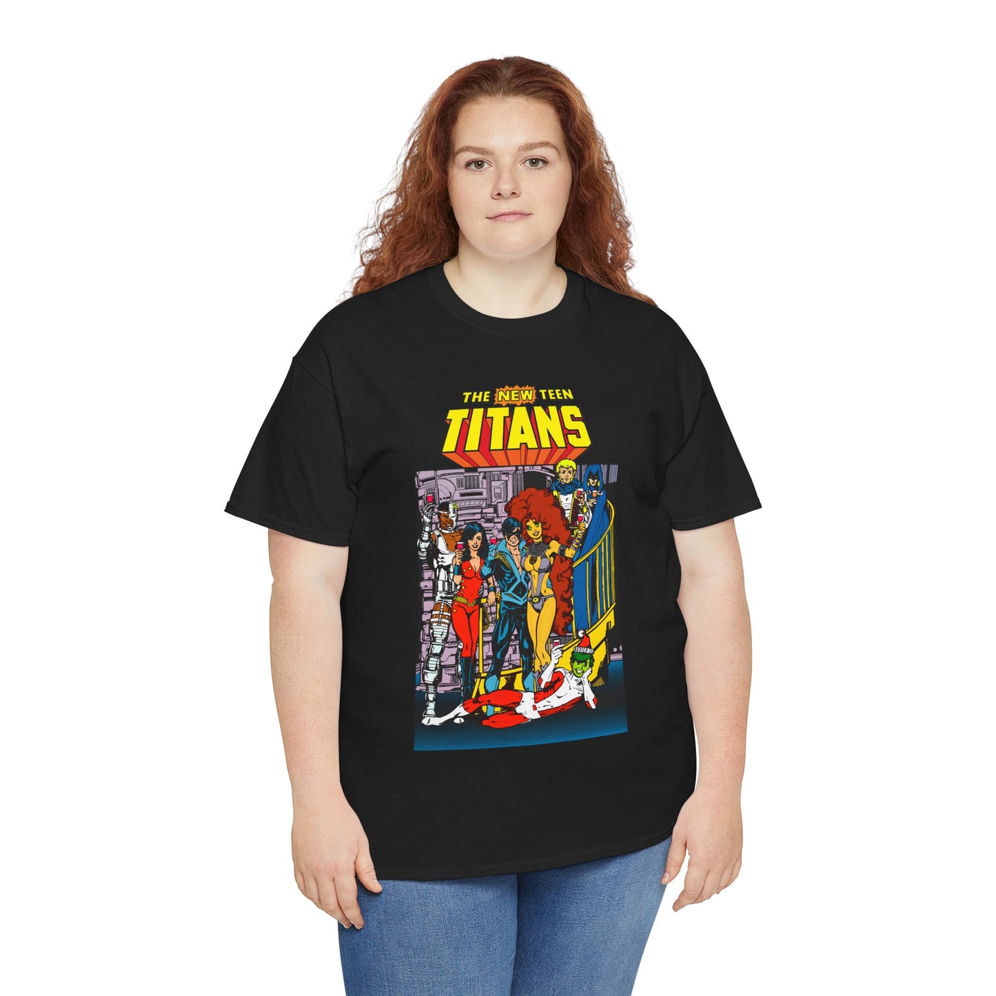 New Teen Titans T-Shirt - George Perez Art - Nightwing, Cyborg, Raven, Starfire, Wonder Girl, Changeling, Jericho - Titans Tower - DC Comics