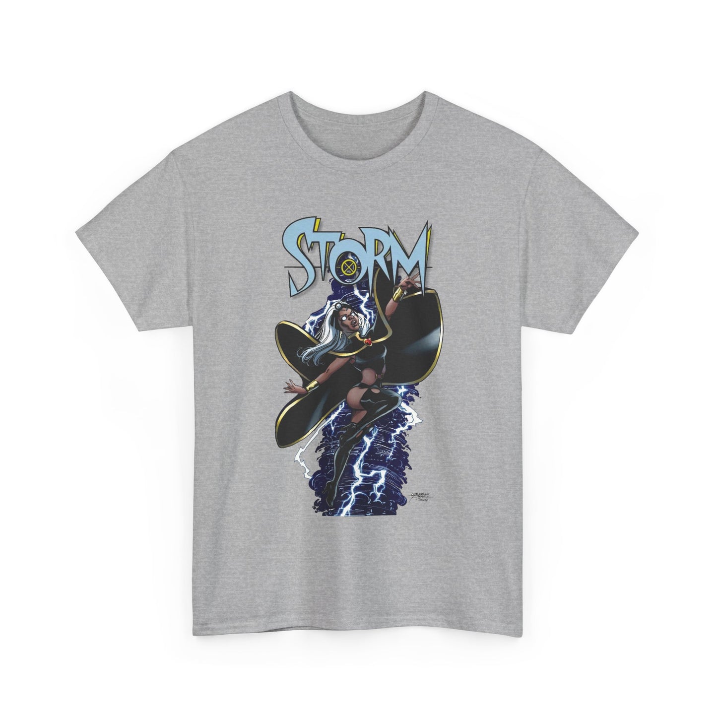Gray t-shirt with Marvel's 'Storm' graphic design featuring an X-Men member drawn by George Perez