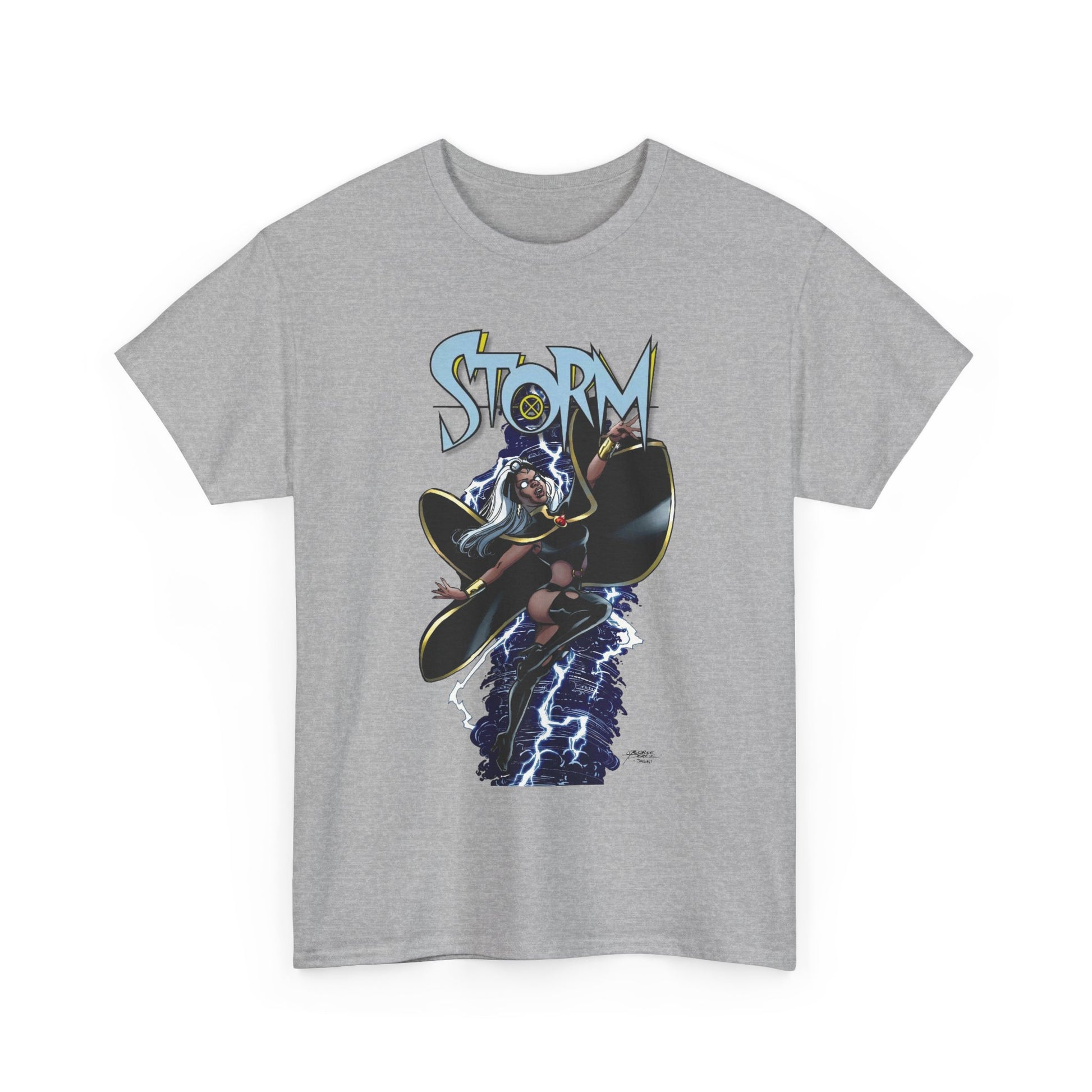 Gray t-shirt with Marvel's 'Storm' graphic design featuring an X-Men member drawn by George Perez