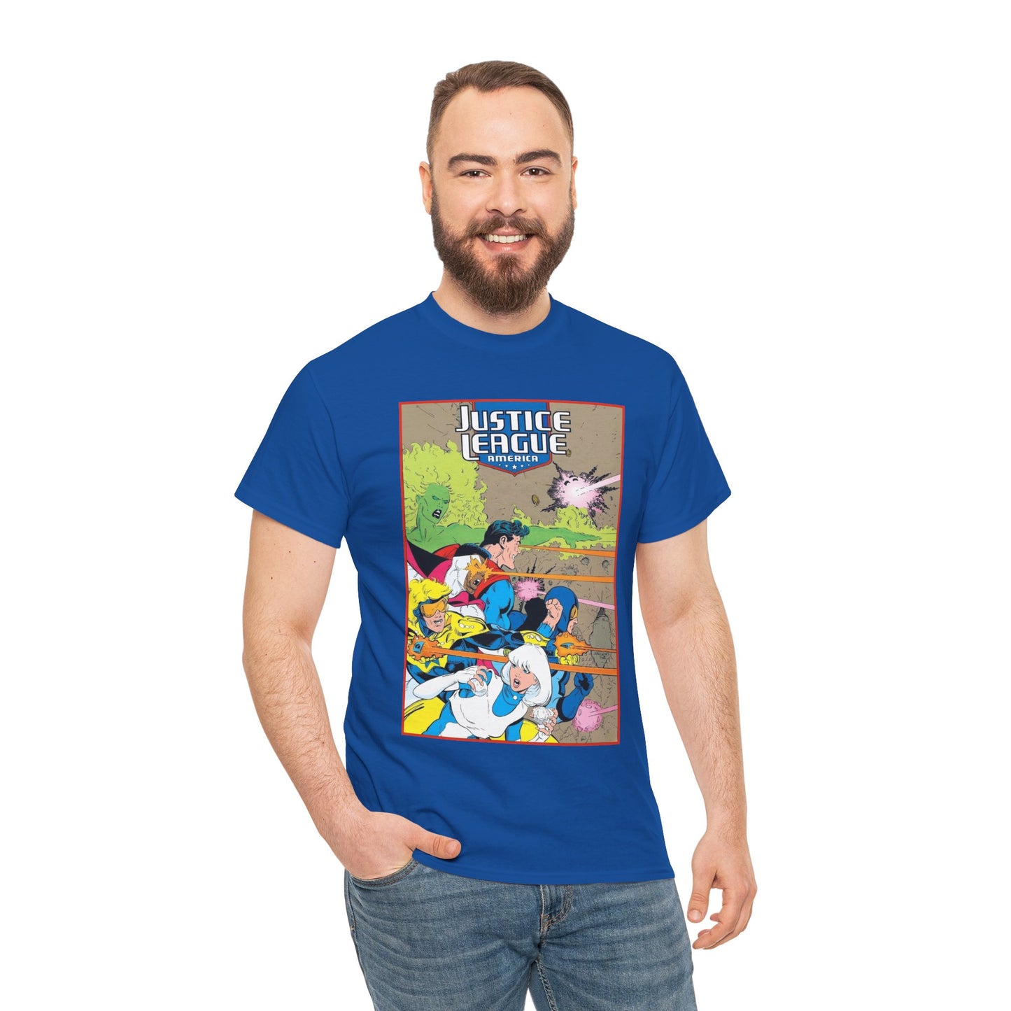 Justice League of America T-Shirt - Dan Jurgens Art - Superman, Fire, Ice, Blue Beetle, Booster Gold, Bloodwynde - DC Comics