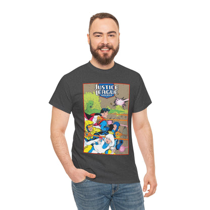 Justice League of America T-Shirt - Dan Jurgens Art - Superman, Fire, Ice, Blue Beetle, Booster Gold, Bloodwynde - DC Comics