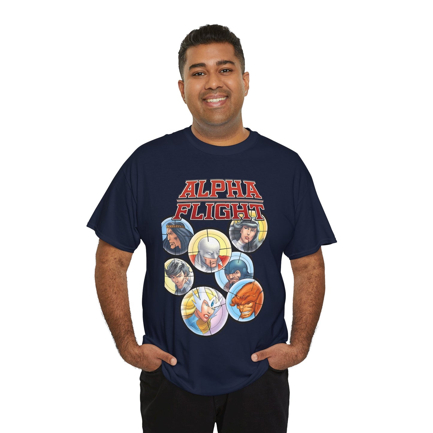 Alpha Flight T-Shirt - John Byrne Art - Guardian, Aurora, Northstar, Sasquatch, Shaman, Puck, Snowbird - Canada's Super Heroes - Marvel Comics