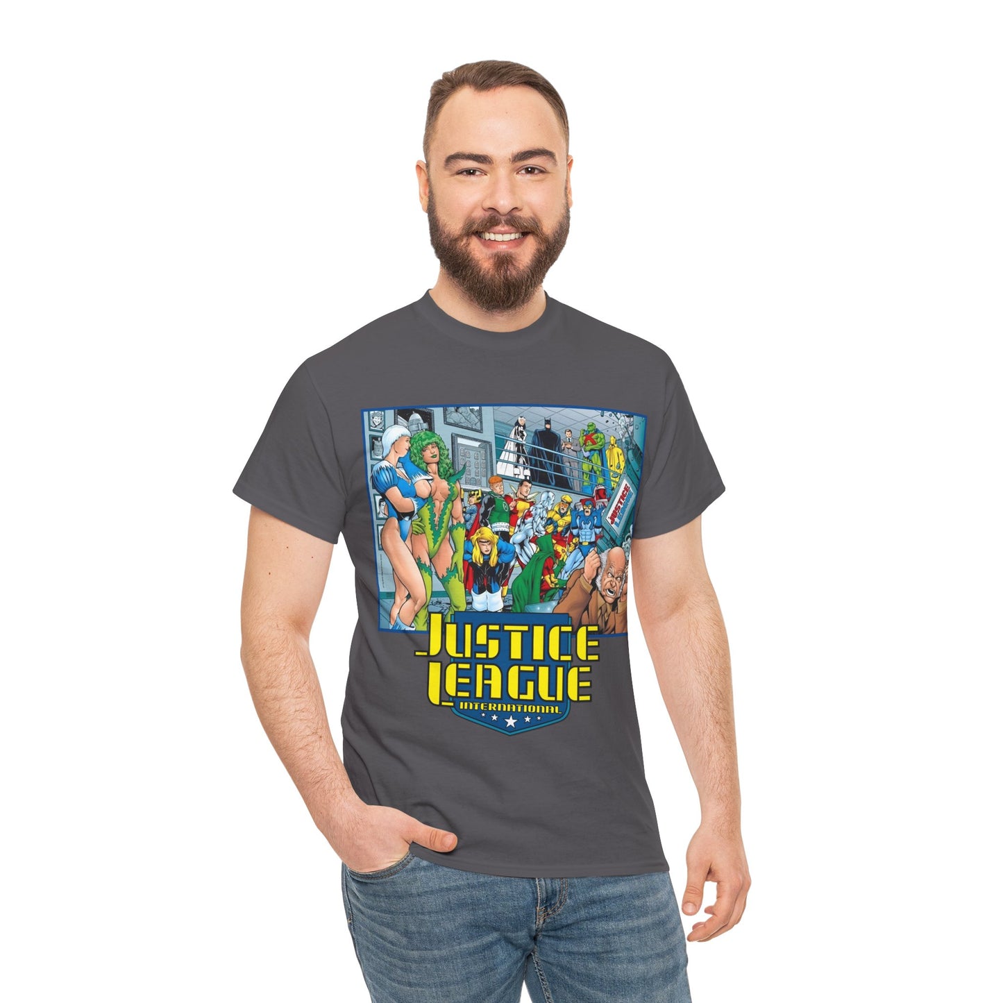 Justice League International T-Shirt - Kevin Maguire Art - Blue Beetle, Booster Gold, Martian Manhunter, Captain Atom, Batman, Fire, Ice - DC Comics - JLI