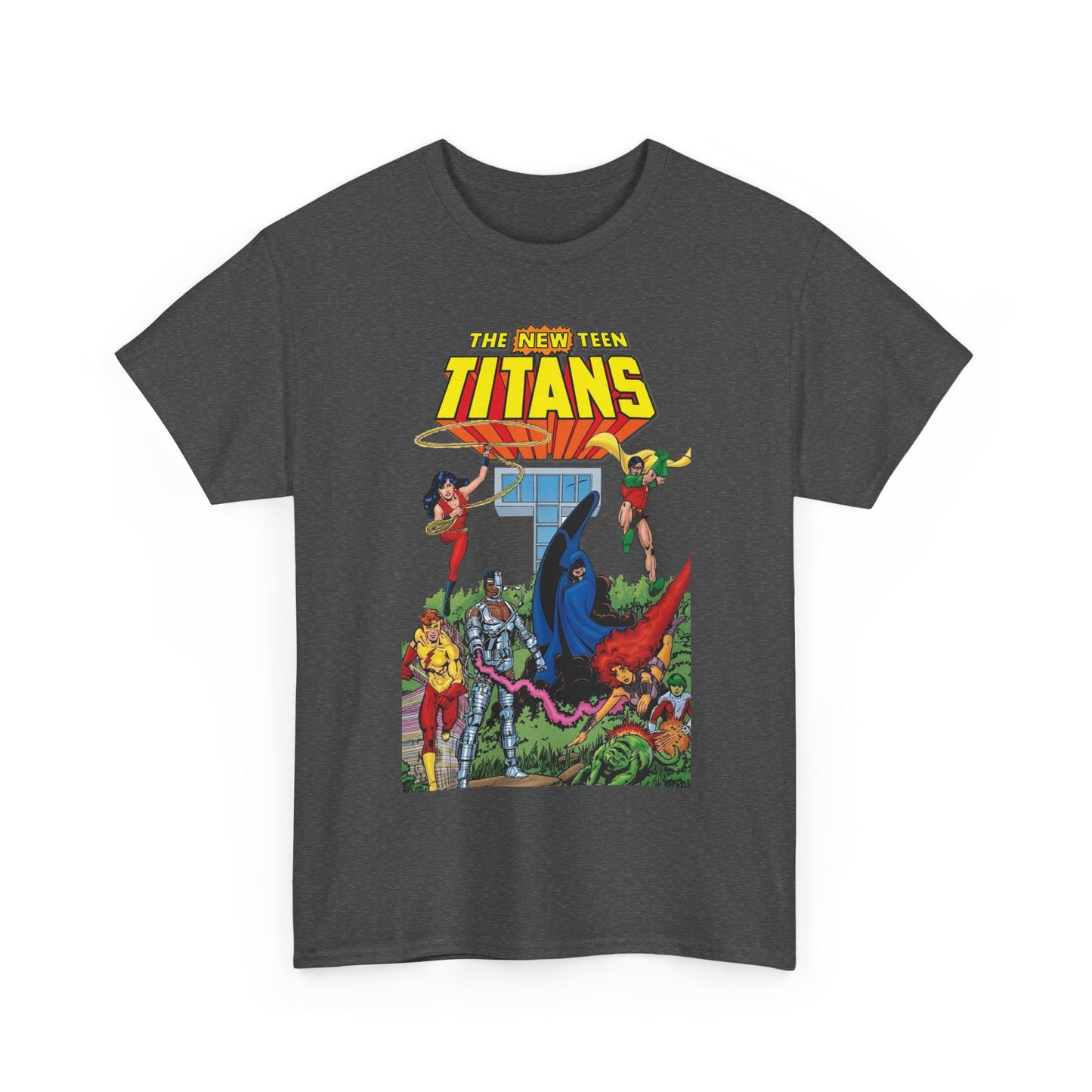 New Teen Titans T-Shirt - George Perez Art - Robin, Wonder Girl, Cyborg, Raven, Changeling, Starfire, Kid Flash - Titans Tower - DC Comics