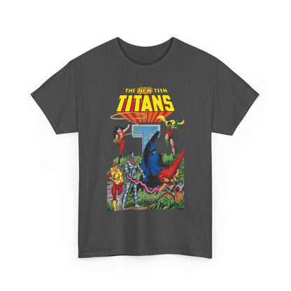 New Teen Titans T-Shirt - George Perez Art - Robin, Wonder Girl, Cyborg, Raven, Changeling, Starfire, Kid Flash - Titans Tower - DC Comics