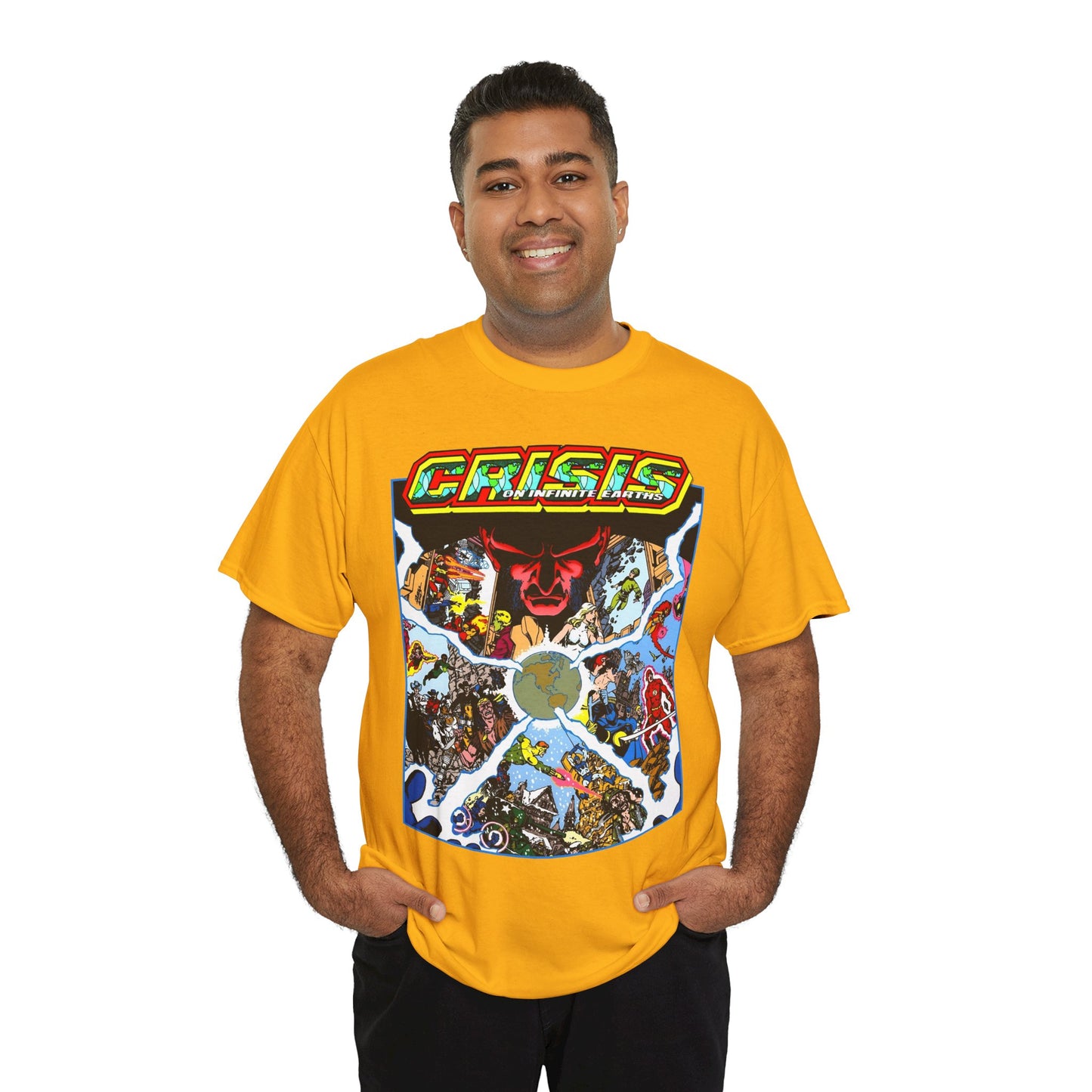 Crisis on Infinite Earths T-Shirt - George Perez Art - #3 Cover - Monitor, Flash, Starfire, Brainiac 5, Dream Girl - DC Comics