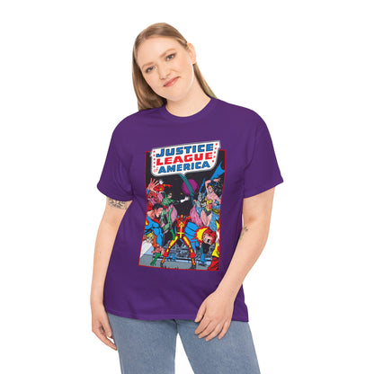 Justice League of America T-Shirt - George Perez Art - 1980s Satellite Era - Superman, Wonder Woman, Firestorm, Green Lantern, Batman - DC Comics