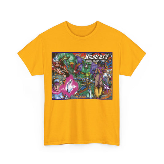 Yellow t-shirt with a colorful Jim Lee WildC.A.T.S. graphic design on a white background