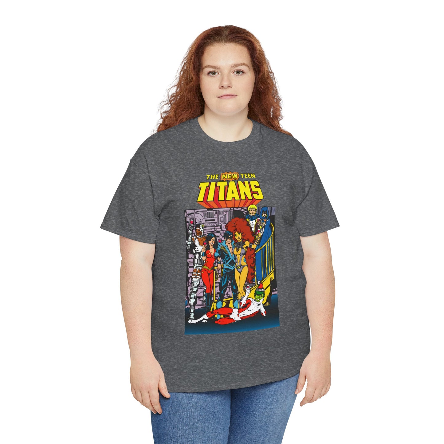 New Teen Titans T-Shirt - George Perez Art - Nightwing, Cyborg, Raven, Starfire, Wonder Girl, Changeling, Jericho - Titans Tower - DC Comics