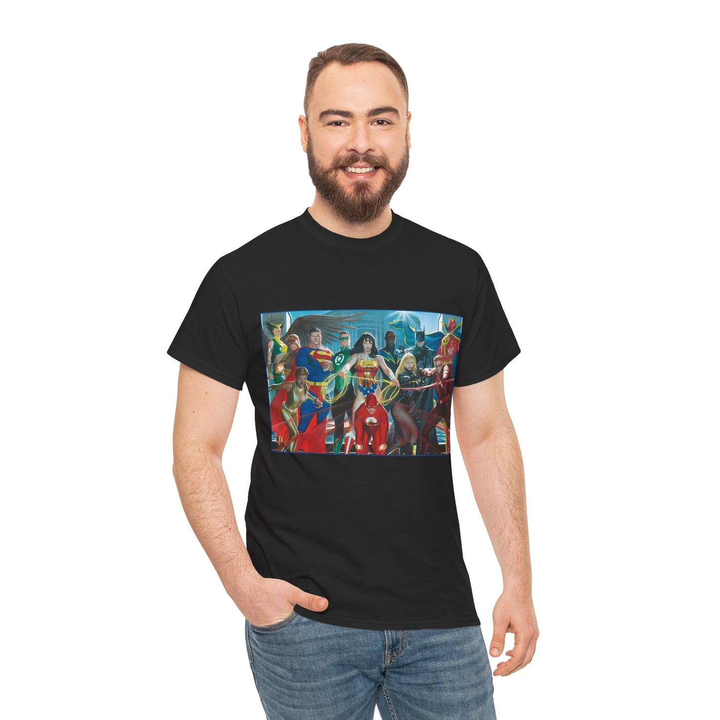 Justice League T-Shirt - Alex Ross Art - Superman, Wonder Woman, Batman, Flash, Black Canary, Vixen, Black Lightning, Green Lantern, Geo-Force, Red Tornado - DC Comics