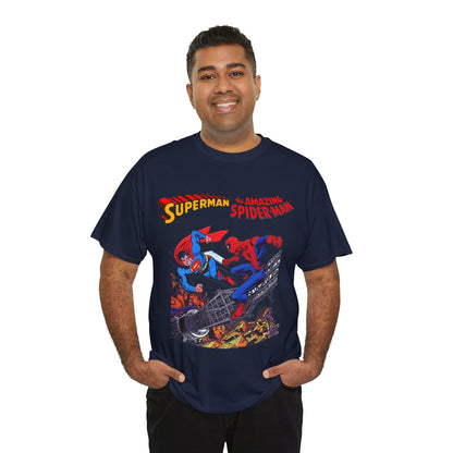 Superman & Amazing Spider-Man T-Shirt - DC/Marvel Comics Crossover - 1970s - Clark Kent & Peter Parker