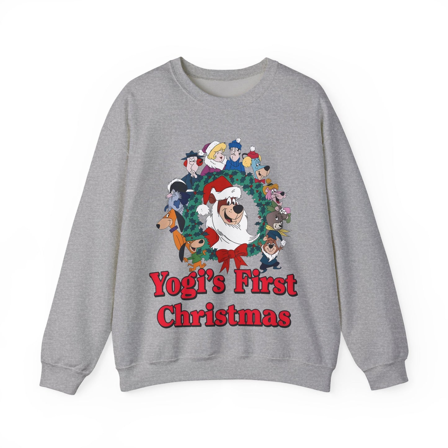 Gray sweatshirt with 'Yogi's First Christmas' graphic on a white background