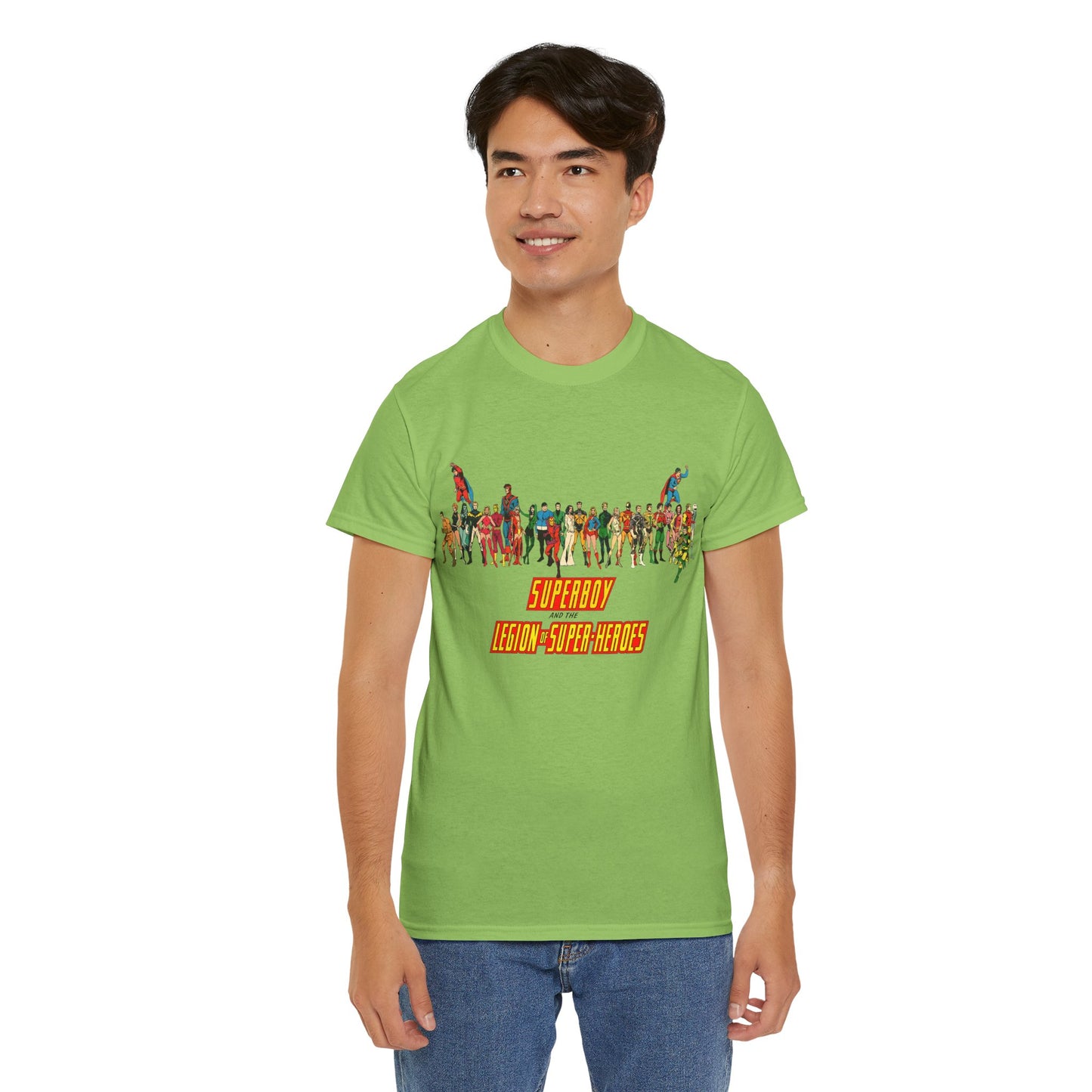 Superboy & Legion of Super-Heroes T-Shirt - 1970s DC Comics Art - Saturn Girl, Lightning Lad, Brainiac 5, Supergirl, Dawnstar, Mon-El, Bouncing Boy, Wildfire - LOSH
