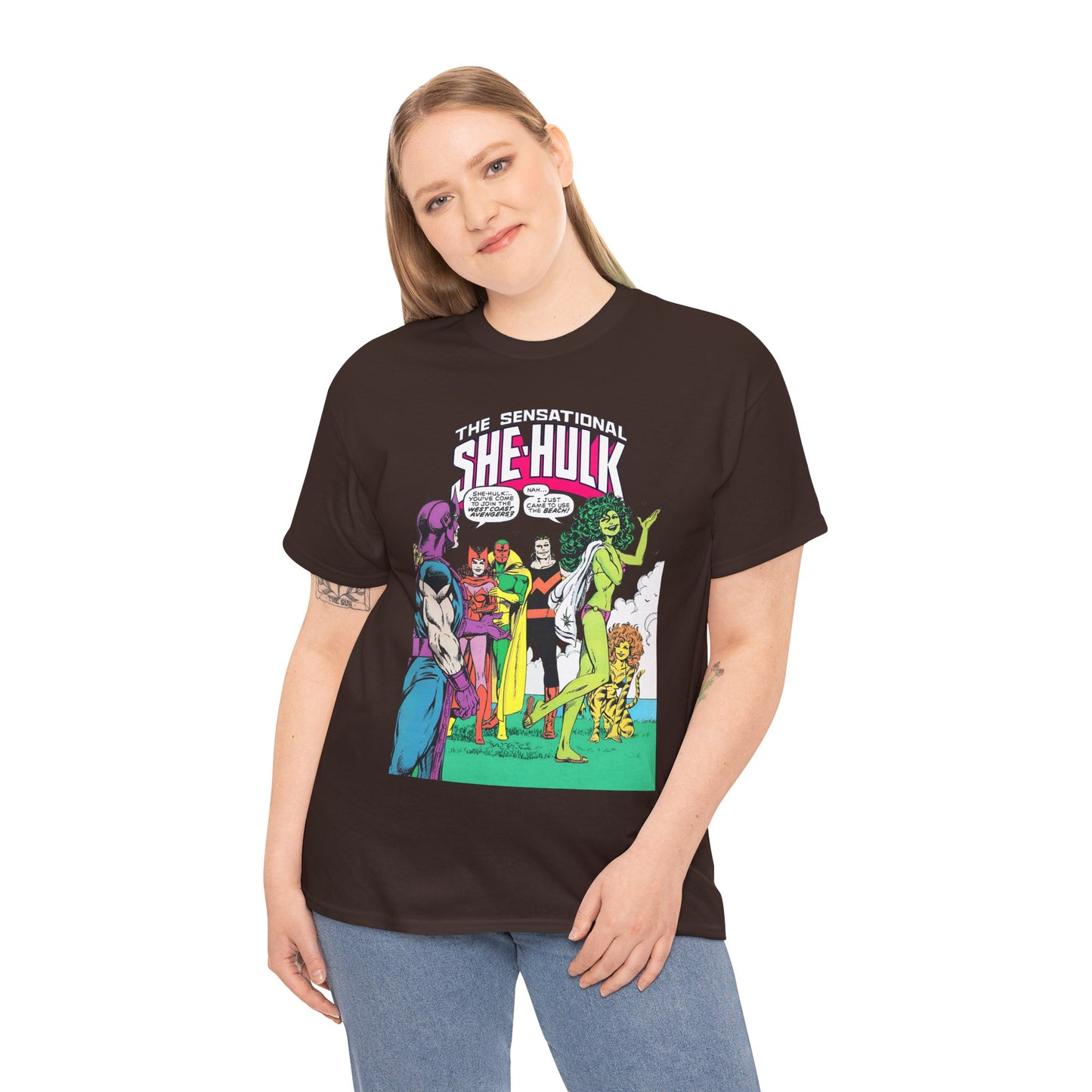 She-Hulk T-Shirt - John Byrne Art - West Coast Avengers Appearance - Hawkeye, Scarlet Witch, Wonder Man, Vision, Tigra - Marvel Comics
