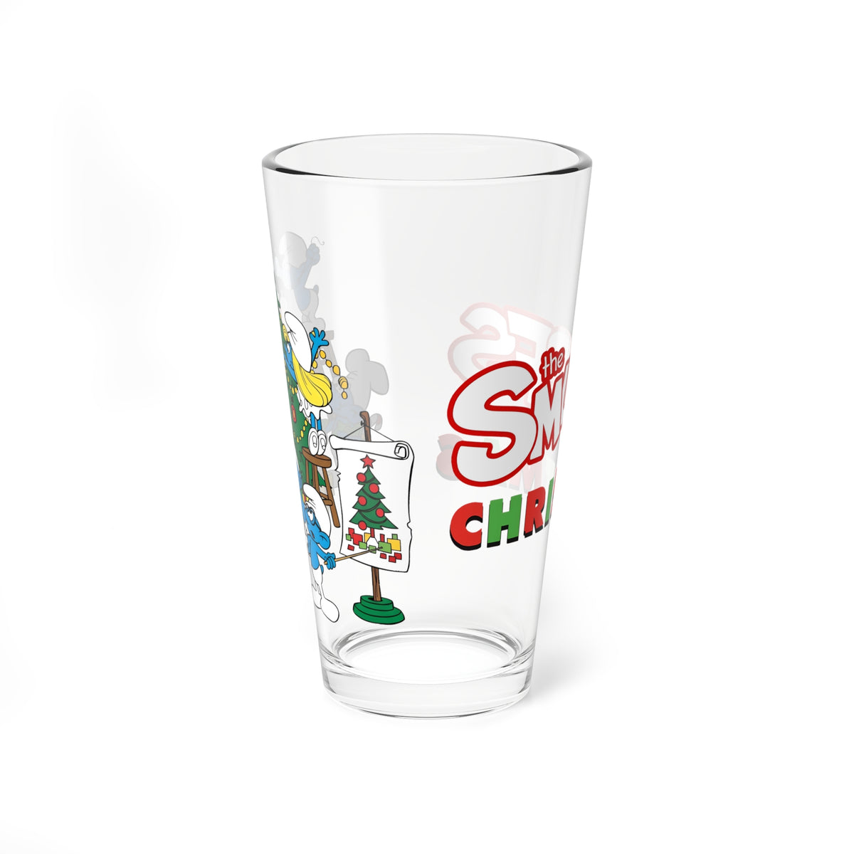 Smurfs Christmas Cartoon Pint Glass, 16oz Hanna-Barbera Smurfette Brainy Smurf Retro Festive Holiday Barware