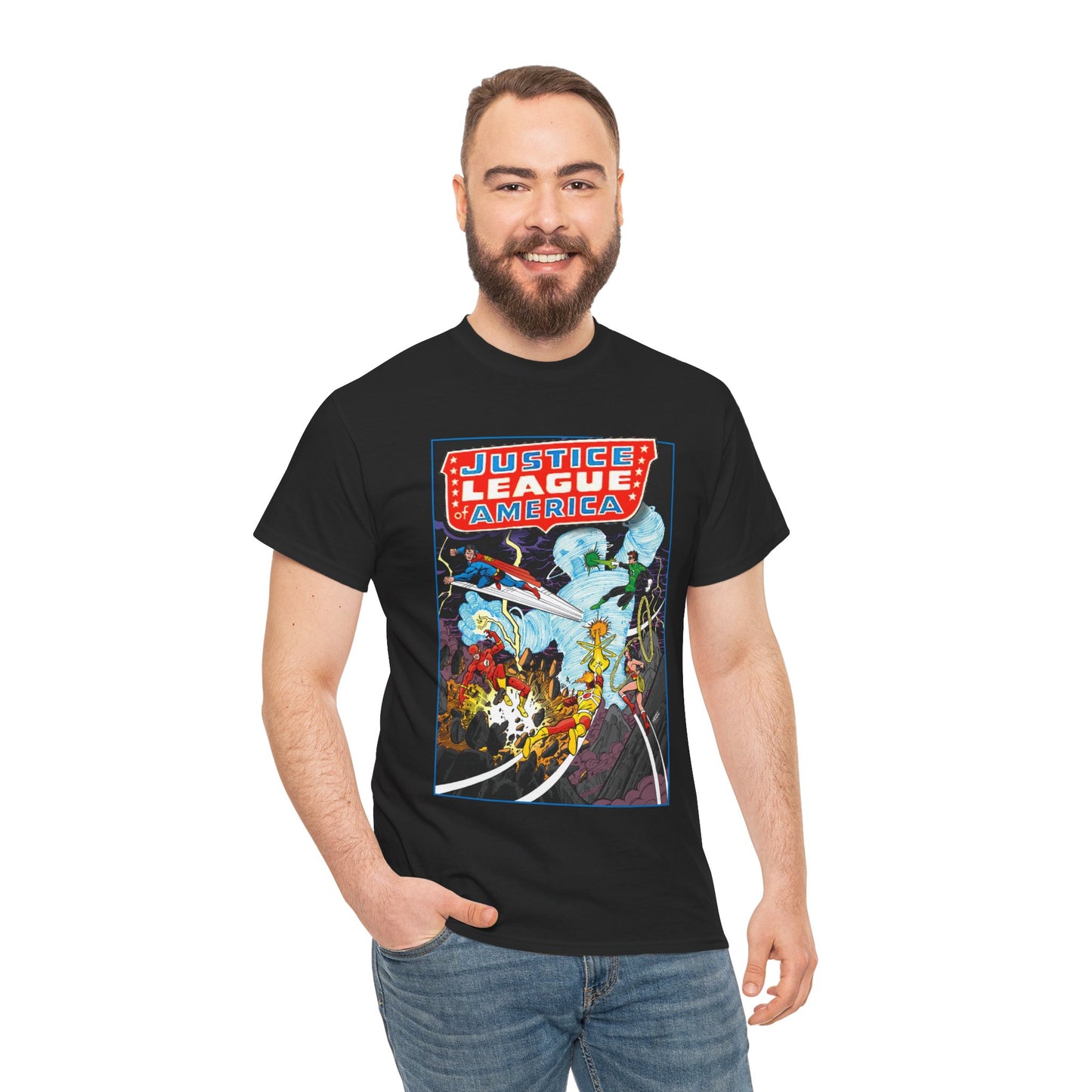 Justice League T-Shirt - George Perez Art - Tornado Tyrant - Superman, Firestorm, Flash, Wonder Woman, Green Lantern - DC Comics
