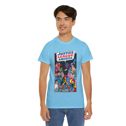 Justice League of America T-Shirt - George Perez Art - 1980s Satellite Era - Superman, Wonder Woman, Firestorm, Green Lantern, Batman - DC Comics