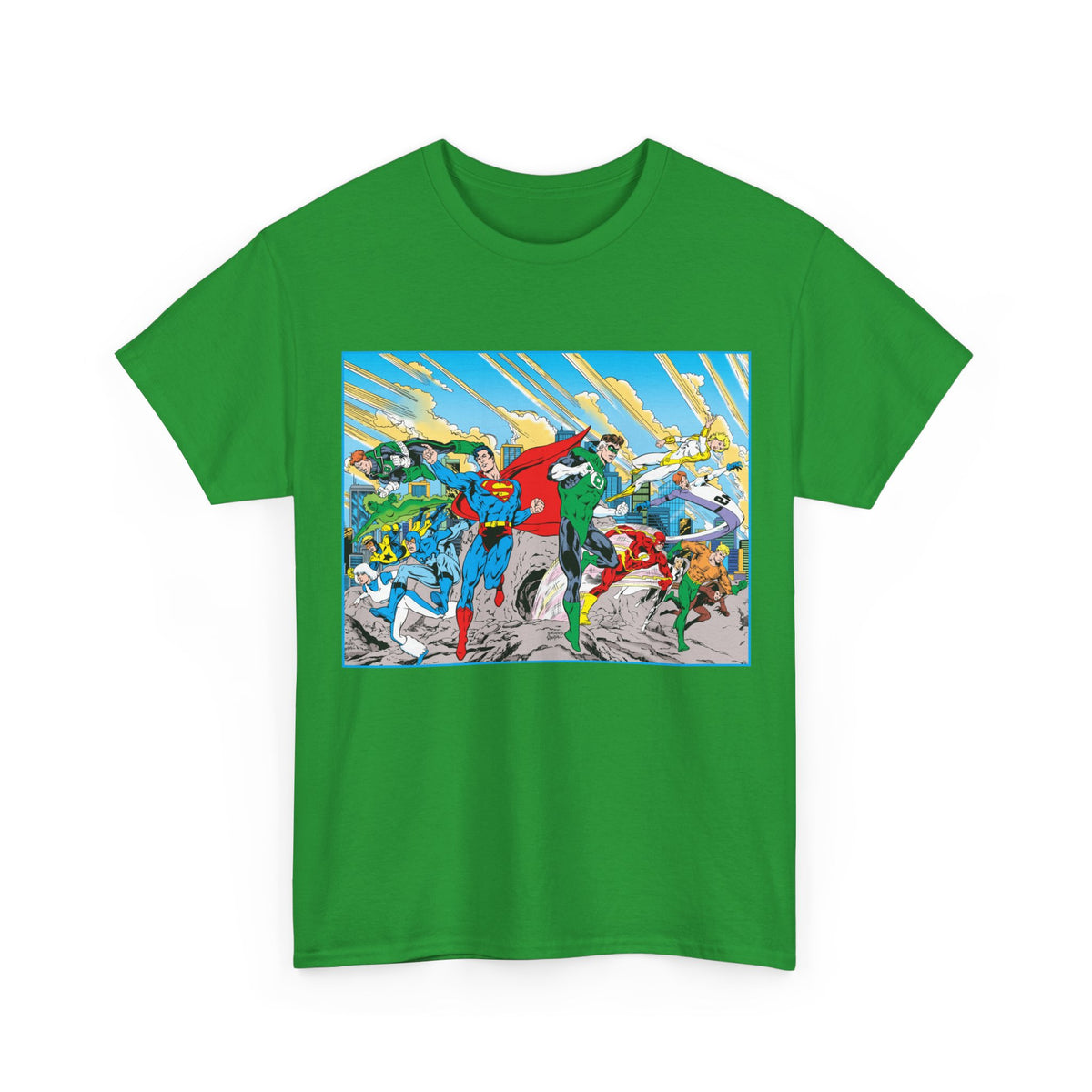 Justice League America/Europe T-Shirt - Dan Jurgens Art - Superman, Blue Beetle, Booster Gold, Green Lantern, Aquaman, Power Girl, Guy Gardner, Flash - DC Comics