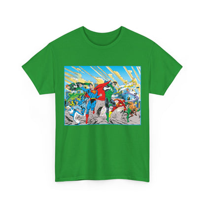Justice League America/Europe T-Shirt - Dan Jurgens Art - Superman, Blue Beetle, Booster Gold, Green Lantern, Aquaman, Power Girl, Guy Gardner, Flash - DC Comics