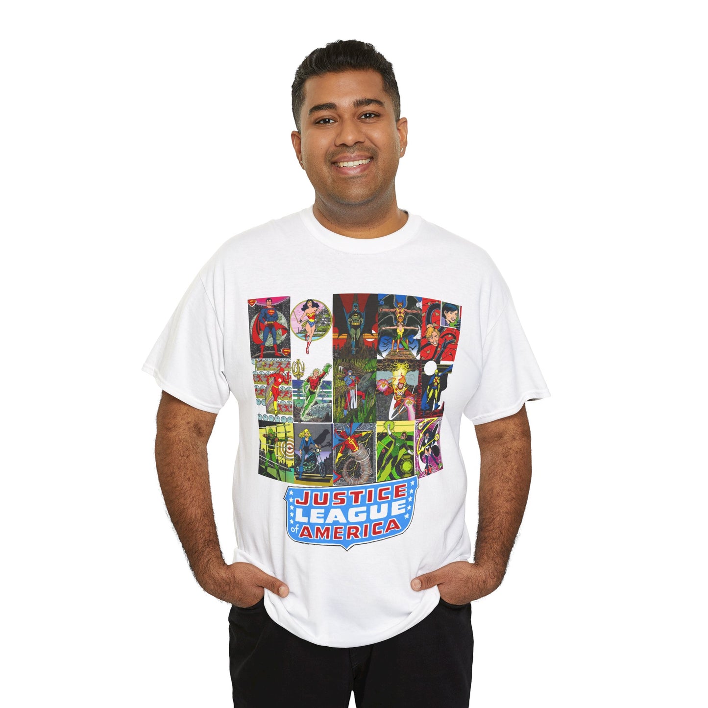JLA Postcard T-Shirt - George Perez Art - Zatanna, Green Lantern, Flash, Batman, Hawkman, Wonder Woman, Firestorm - Justice League of America - DC Comics