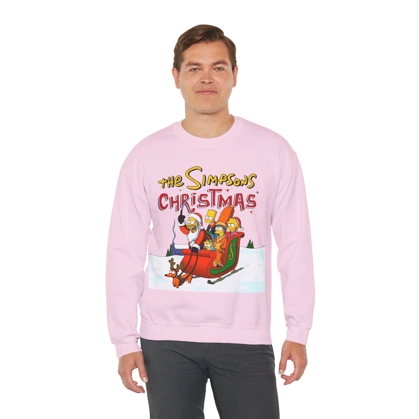 Simpsons Family Christmas Crewneck Sweatshirt - Homer, Marge, Bart, Lisa, Maggie - Riding a Christmas Sleigh Through the Winter Snow