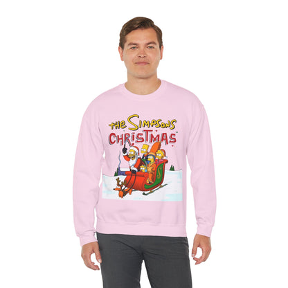 Simpsons Family Christmas Crewneck Sweatshirt - Homer, Marge, Bart, Lisa, Maggie - Riding a Christmas Sleigh Through the Winter Snow