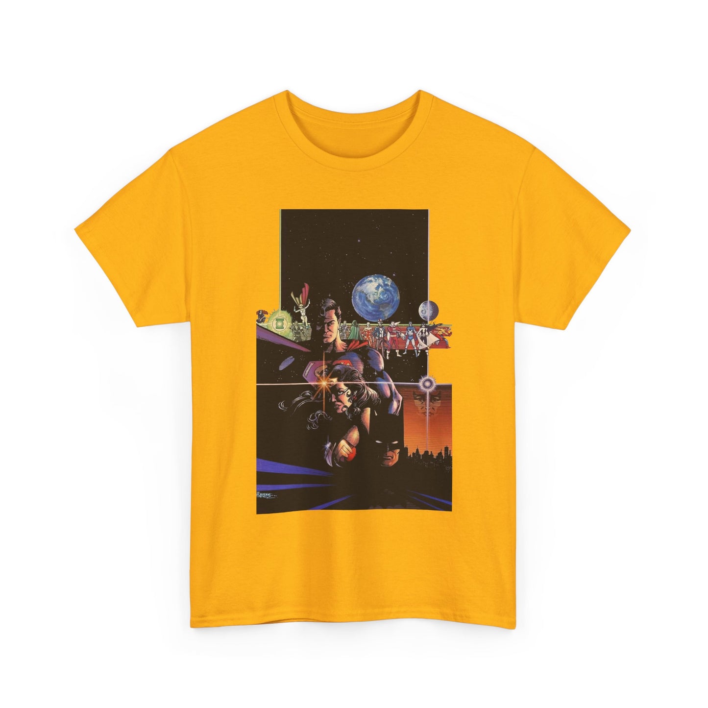 Crisis on Infinite Earths T-Shirt - George Perez Art - Superman, Batman, Wonder Woman, Captain Marvel, Blue Beetle, Kid Flash - Retro 1980s - DC Comics