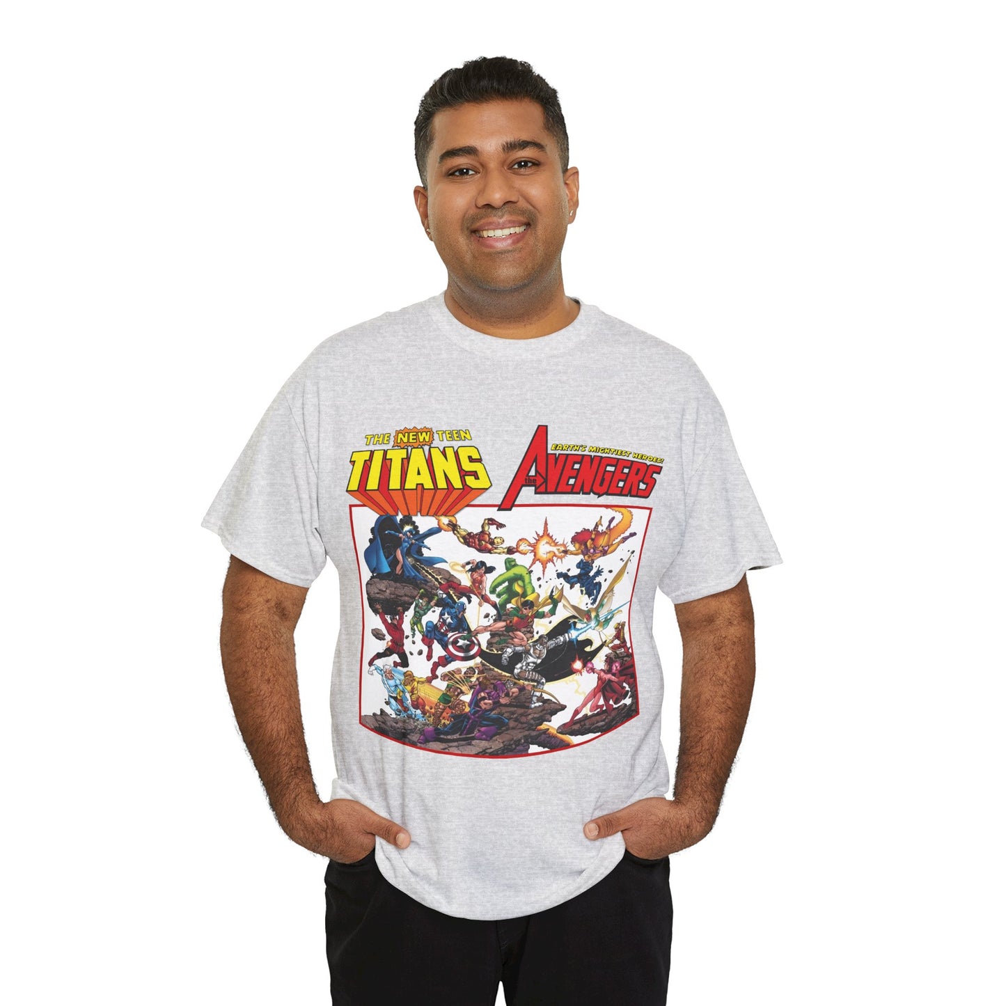New Teen Titans Vs Avengers T-Shirt - George Perez Art - Hawkeye, Wonder Man, Raven, Starfire, Cyborg, Scarlet Witch, Wonder Girl - DC Comics & Marvel Comics